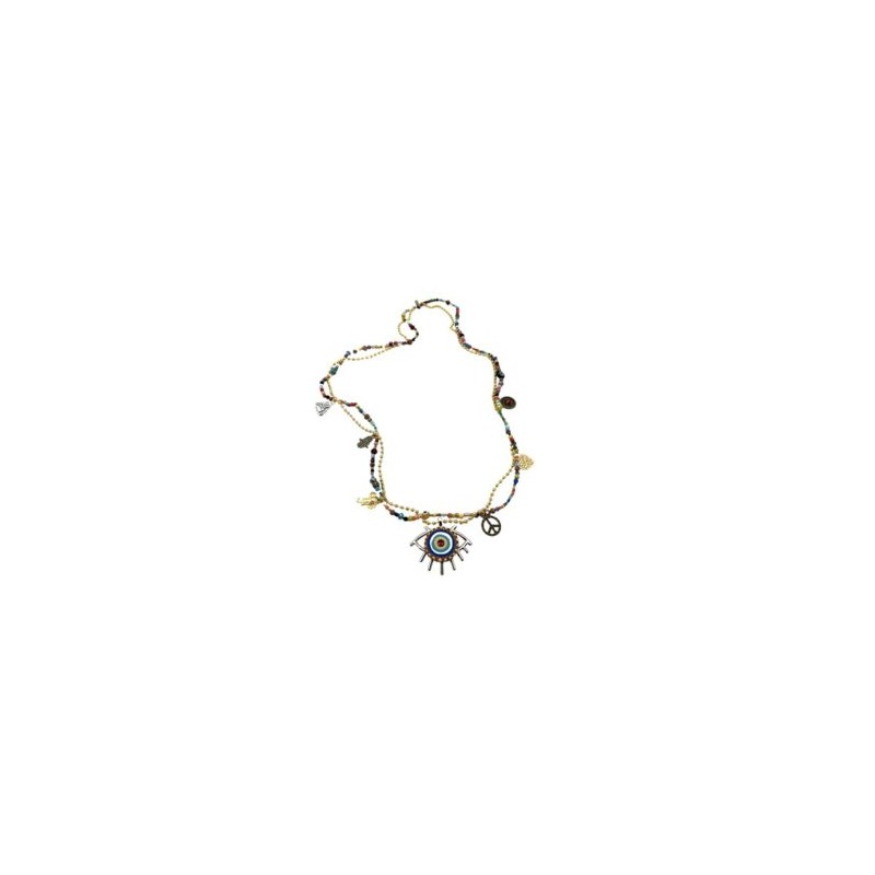 Collar con ojo de madera y cadena de cristales con dijes