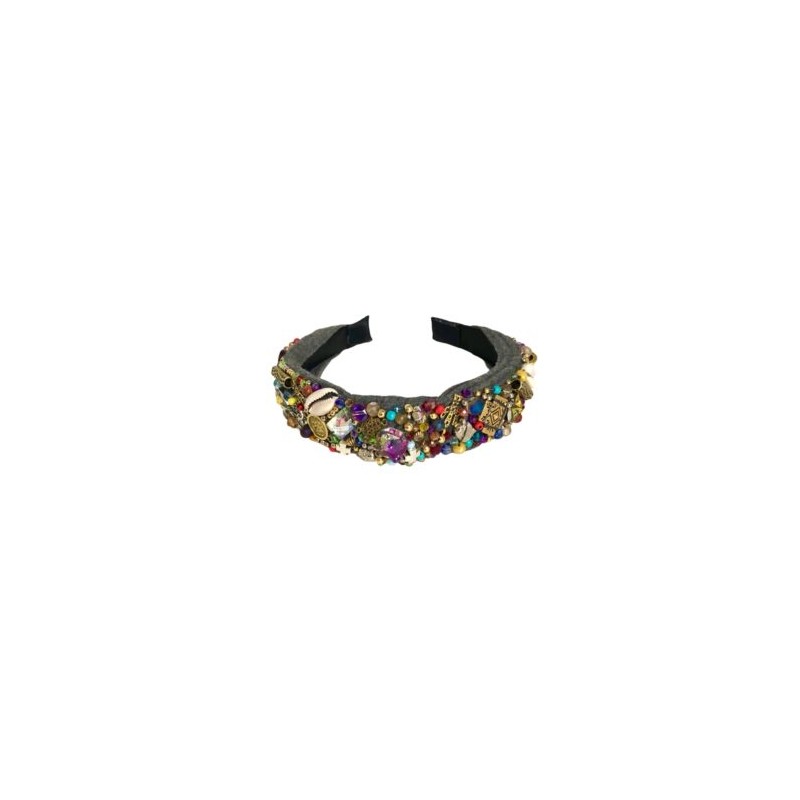 Diadema Bordada a mano con diferentes dijes y cristales GRIS