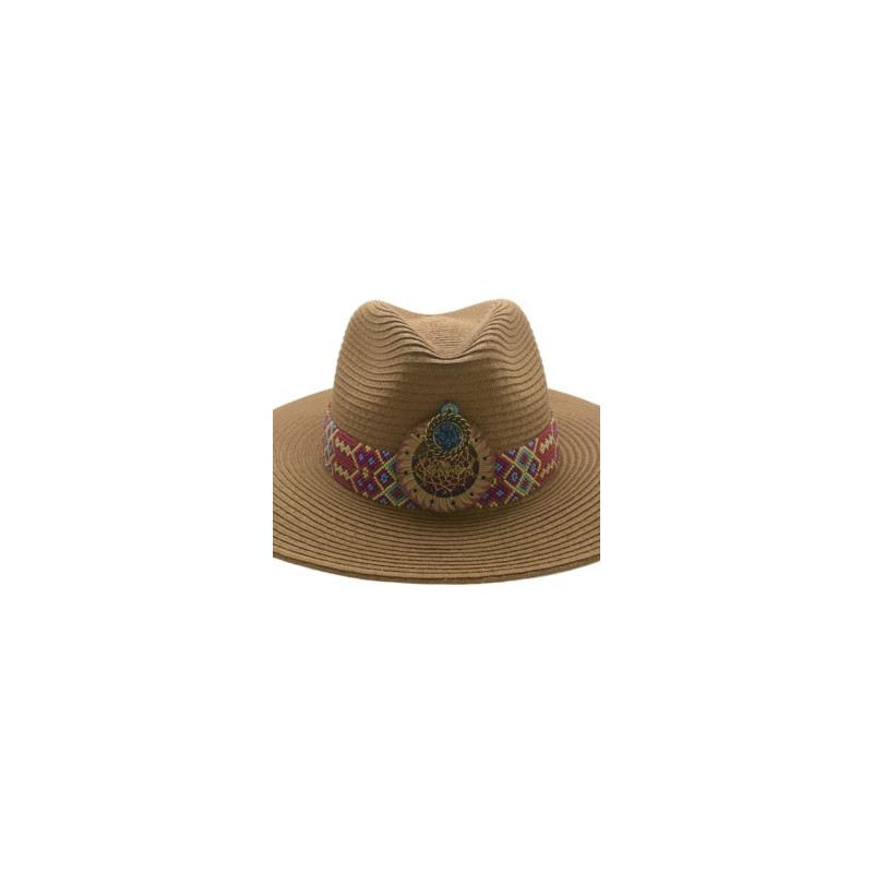 Sombrero Celulosa cinta de chaquira y madera hecho a mano pieza única color café claro