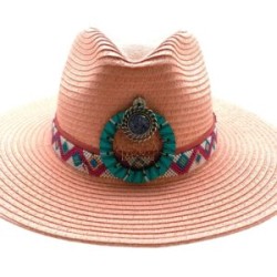 Sombrero Celulosa cinta de chaquira y madera hecho a mano pieza única color rosa