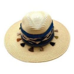 Sombrero Celulosa color paja con cinta animal print, flecos y mezclilla