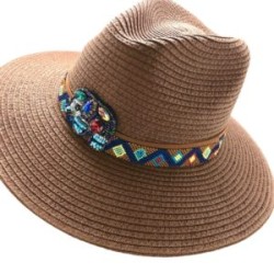 Sombrero Celulosa cinta de chaquira y parche elefante hecho a mano pieza única color café