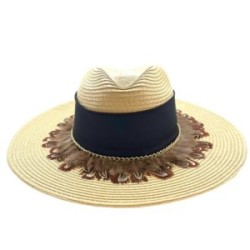 Sombrero Celulosa color paja con cinta negra y plumas