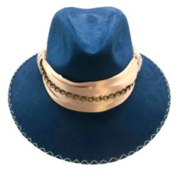 Sombrero de Gamuza color azul marino con cinta de satín dorada
