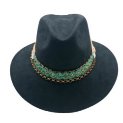 Sombrero de Gamuza color negro con cinta azul turquesa y satín dorado