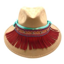 Sombrero de Gamuza con tira de satín y flecos de gamuza color rojo