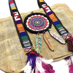 Bolsa de yute con atrapa sueños y plumas de madera